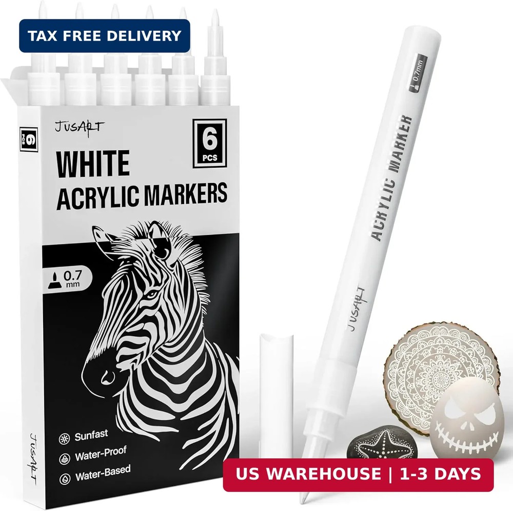 JusArt 6 Pack White Permanent Markers, 0.7mm Fine Point White Acrylic Markers fo