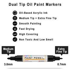 Betem 4 Oil Paint Pens Dual Tip, Black/White 0.7/3mm, Quick Dry, Multi-Surface