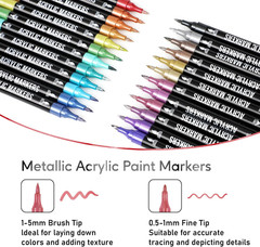 24 Metallic Colors Acrylic Paint Markers, Dual Tip with Fine Tip and Brush Tip P