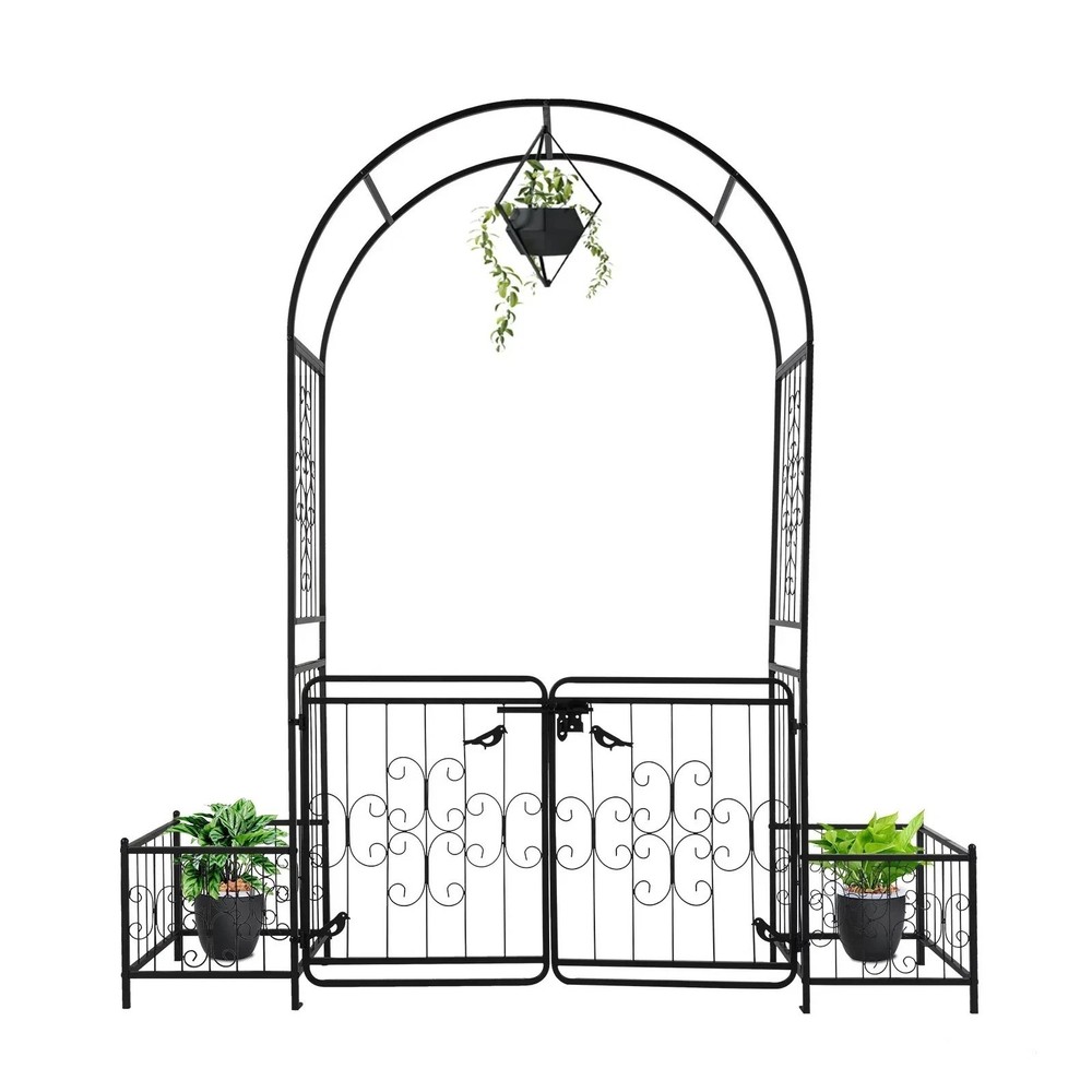 7.2ft Black Iron Garden Arch with Arched Top and Gate Metal Arbor Trellis