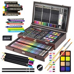 145-Piece Deluxe Art Set—Wooden Box & Drawing Kit—Multi-Color—Crayons