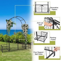 7.2ft Black Iron Garden Arch with Arched Top and Gate Metal Arbor Trellis