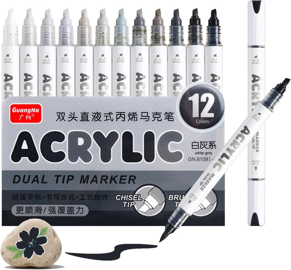 12 Colors Dual Tip Acrylic Paint Markers, Gray and Black Color — Extra Fine & So