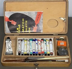 Vintage 1960s Craftint Oil Paint Kit Wooden Box w Brushes Solvent Easel 13 Tubes