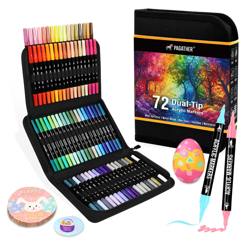Pagather 72 Colors Acrylic Paint Markers, Dual Tip with Fine Tip and Brush Ti…