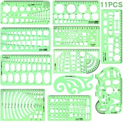 11 Pcs Geometric Drawing Templates Green Stencil Ruler Drafting Tool Set