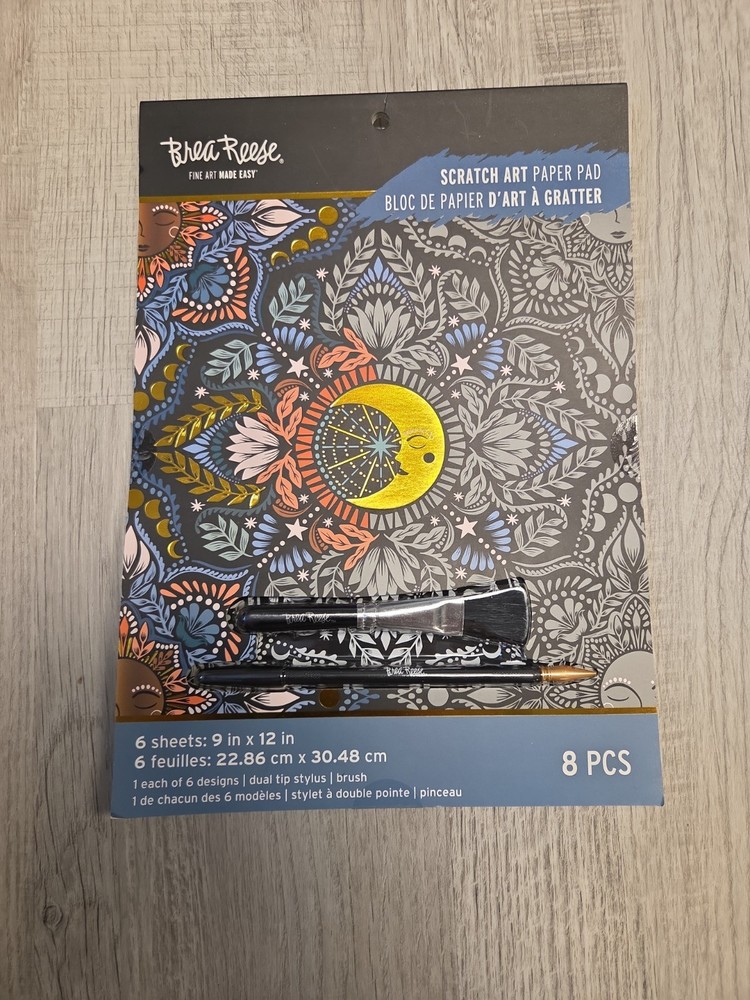 Brea Reese: Scratch Art Paper Pad – Moon & Sun – 6 Designs 9″x12″ Stylus & Brush