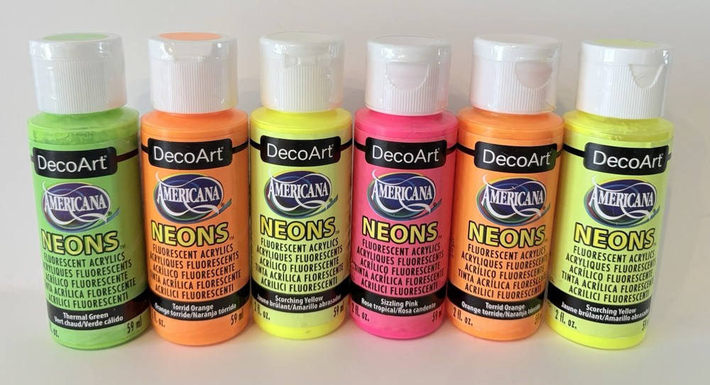 DecoArt NEONS Lot of 6 Fluorescent Acrylic Paints 2oz Orange, Yellow+ NEW SEALED
