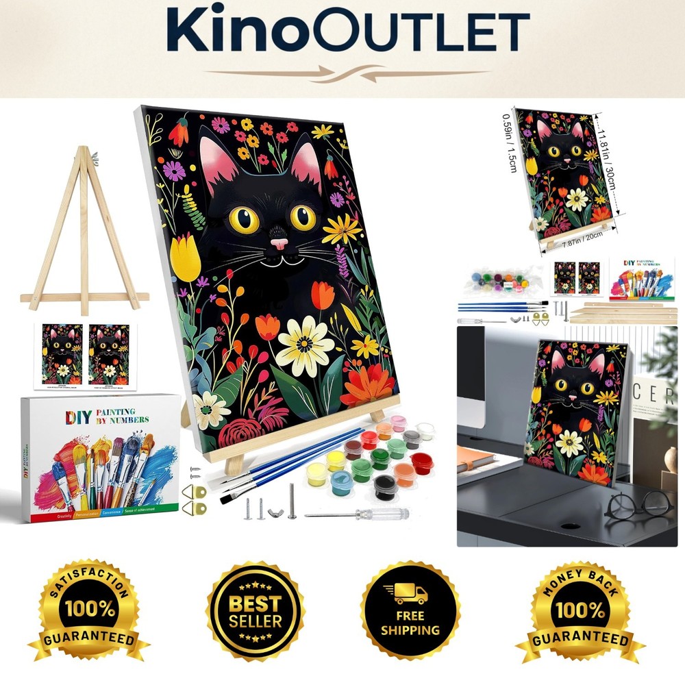 Black Cat Paint by Numbers Kit for Adults – Framed Canvas & Easel, 8×12 Inches