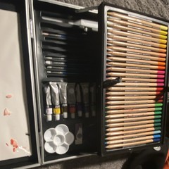 Art Pencil Set Case w/ Colored & Drawing Pencils, Paint Tubes, Mixing Palette