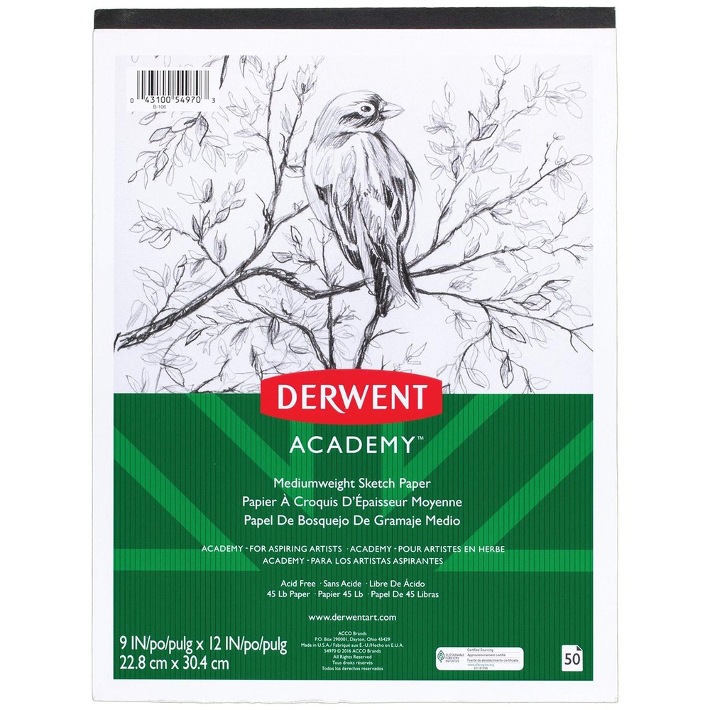 Derwent Academy Sketch Pad, Medium Weight Paper, 50 Sheets, 9″ x 12″ (54970)