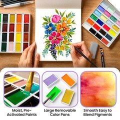 Watercolor Paint Set – 48 Semi-Moist Colors with Brushes, Pad & Supplies