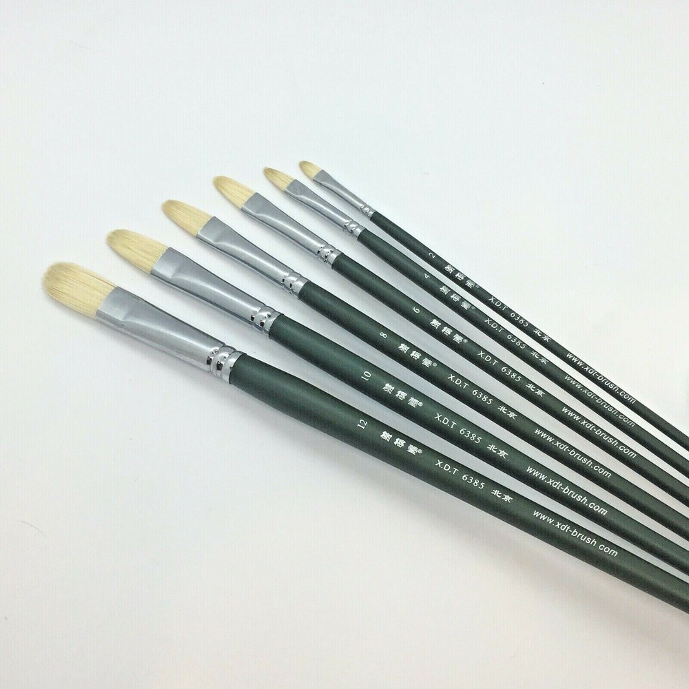 XDT#6385 Filbert Pro Art Brush Set 6 Pc Set Hog Bristle For Oil Acrylic Paint