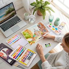 Watercolor Paint Set, 48 Colors Watercolor Paint in Half Pans with 2 Water Br…