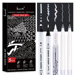 Brusarth White Pens Set, 5 Pack, 1mm Gel Pens, Dual-Tip Acrylic