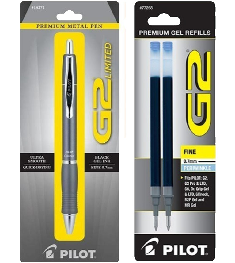 Pilot G2 Limited Metal Gel Pen 0.7mm Gray Barrel Periwinkle Refill Office School