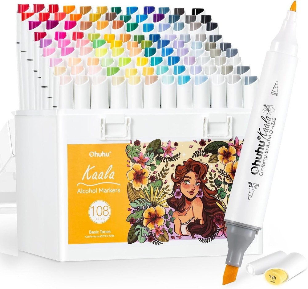 Alcohol Markers 108 Colors: Fine & Slim Broad Chisel Dual Tips Alcohol-based Ref