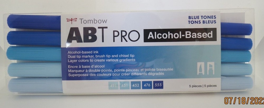 TOMBOW 56970 ABT PRO ALCOHOL-BASED INK DUAL TIP MARKERS BLUE TONES 5 PC NEW