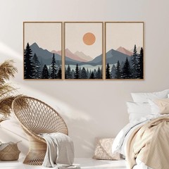 Tinonedraw Boho Mountain Framed Canvas Wall Art Set of 3, Watercolor Nature L…