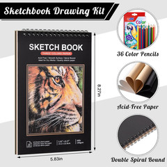 Drawing Sketchbook Kit, A5 Sketch Book with 36 Color Pencils, Three Color Black