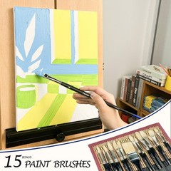 15PCS Natural Hog Bristle Paint Brush Set – Long Handled Professional Brushes fo