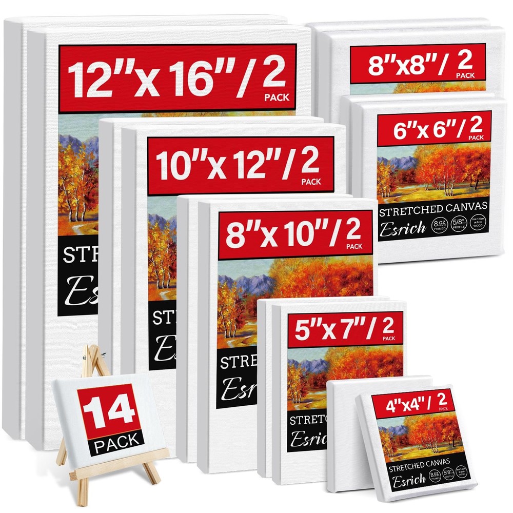 14 Packs Stretched Canvas for Painting, MultiSize 12×16, 10×12, 8×10, 5×7, 8x…