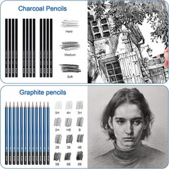 H & B 72PCS Drawing Supplies, Sketching Art Kit with A5 – Graphite, Charcoal, Wa