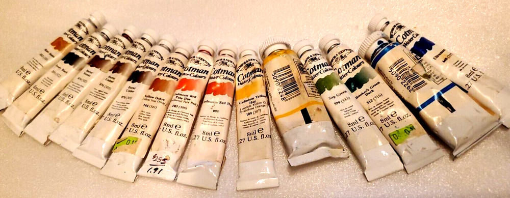14 Winsor Newton COTMAN WATERCOLOR & ARTIST’S WATERCOLOUR tubes, None hard