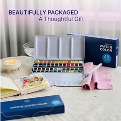 ArtWhale Watercolor Paint Set 48 Colors in Half-Pans + Waterbrush in Tin Box