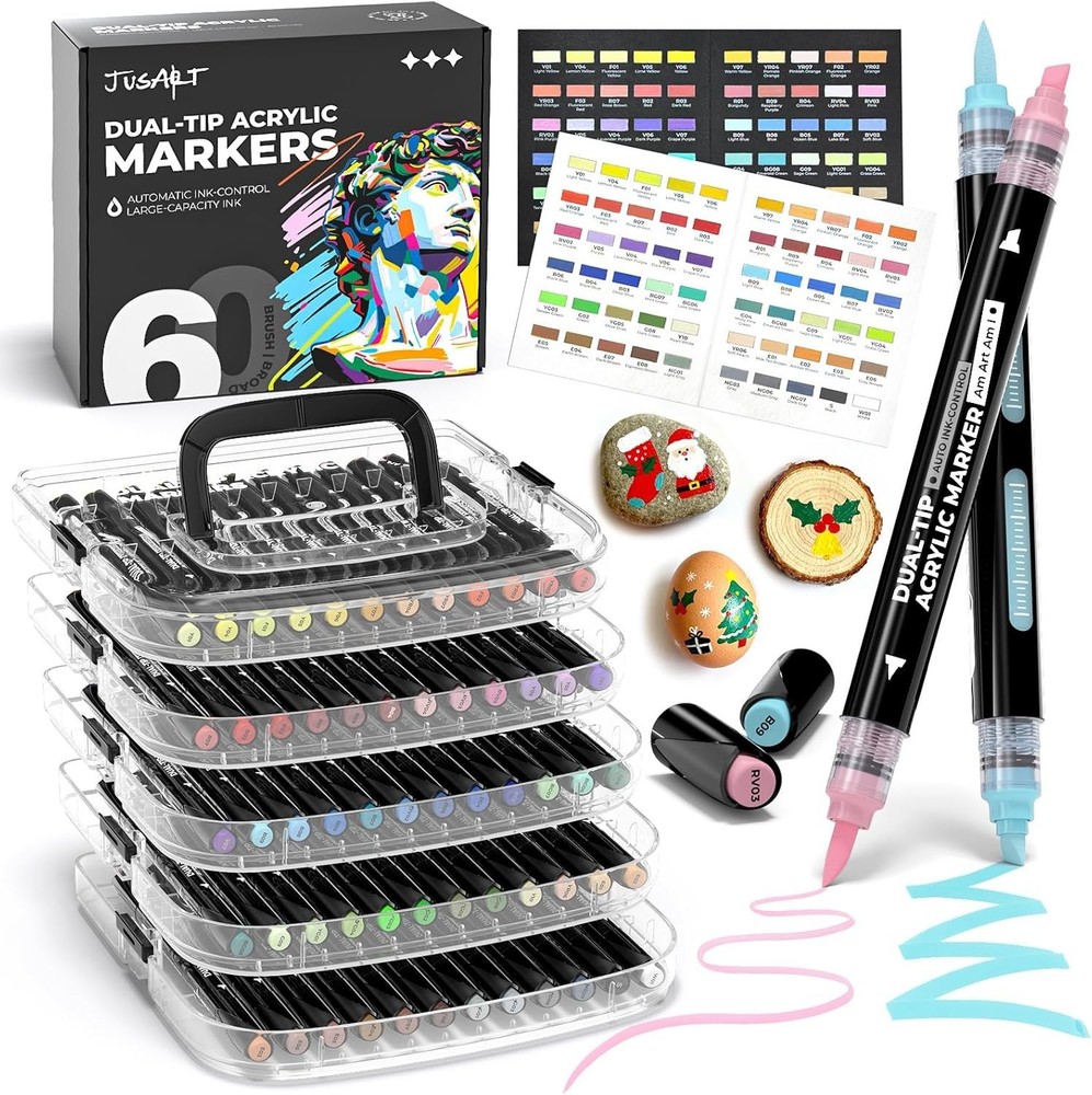JusArt 60 Colors Automatic Ink Control Acrylic Paint Markers Dual Tip w/Case New