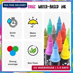 24 Colors Dual Tip Acrylic Paint Markers,Fine Tip and Brush Tip Permanent Acryli