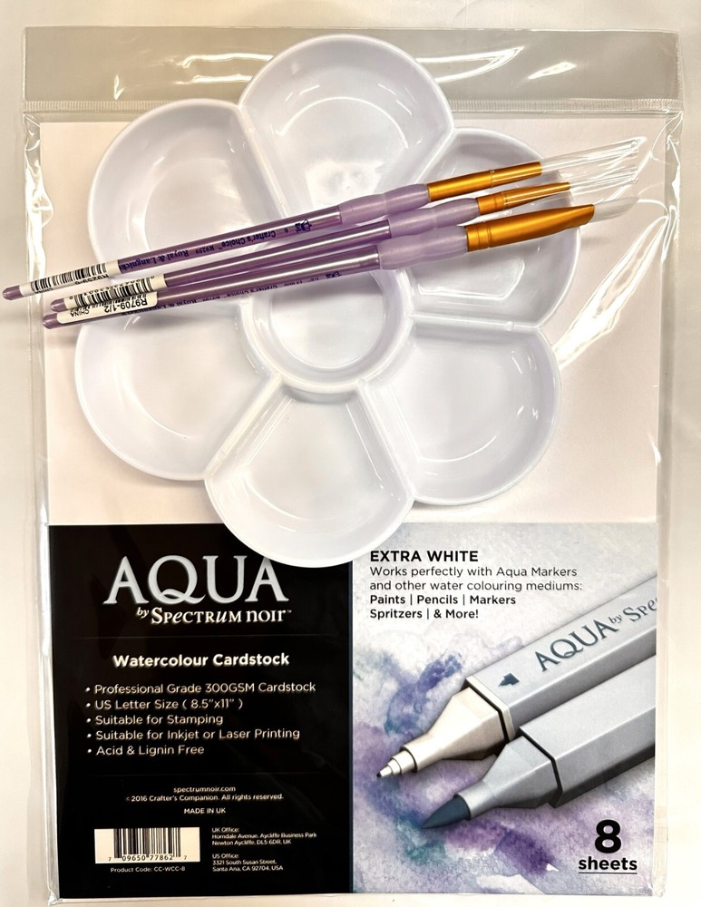 Spectrum Noir AQUA Watercolour Cardstock 8.5″ x 11, Paint Pallet, Brushes 652620
