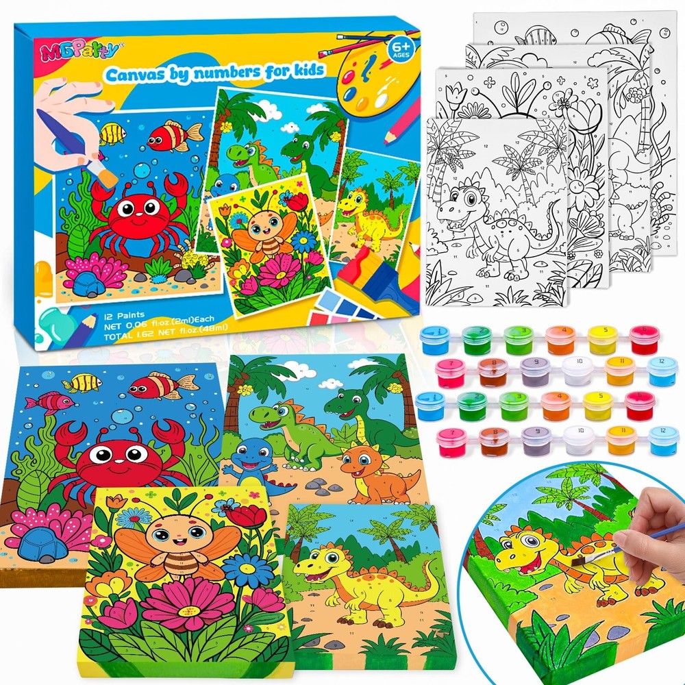4 Pack Paint by Numbers for Kids Ages 4-8 8-12, Pre-Drawn Canvas Painting Kit…