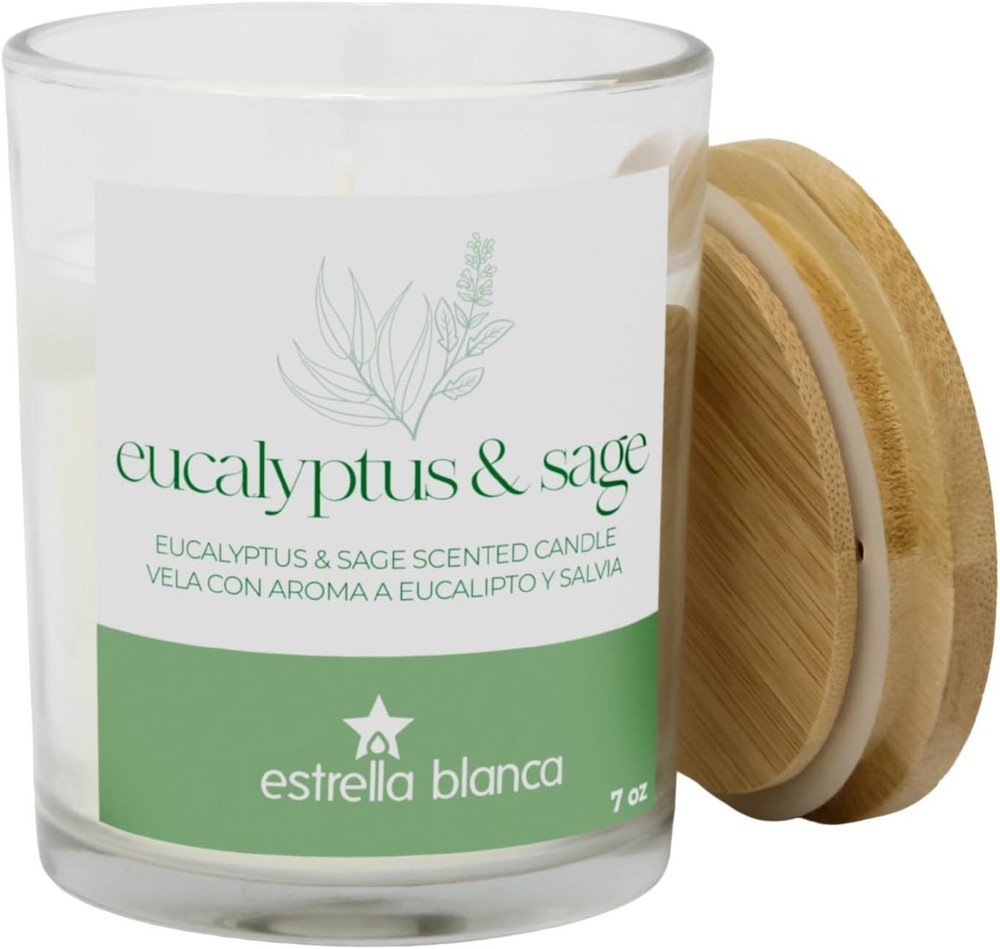 7oz Eucalyptus and Sage Scented Candle, Candles 4 inches x 3.75 inches, White