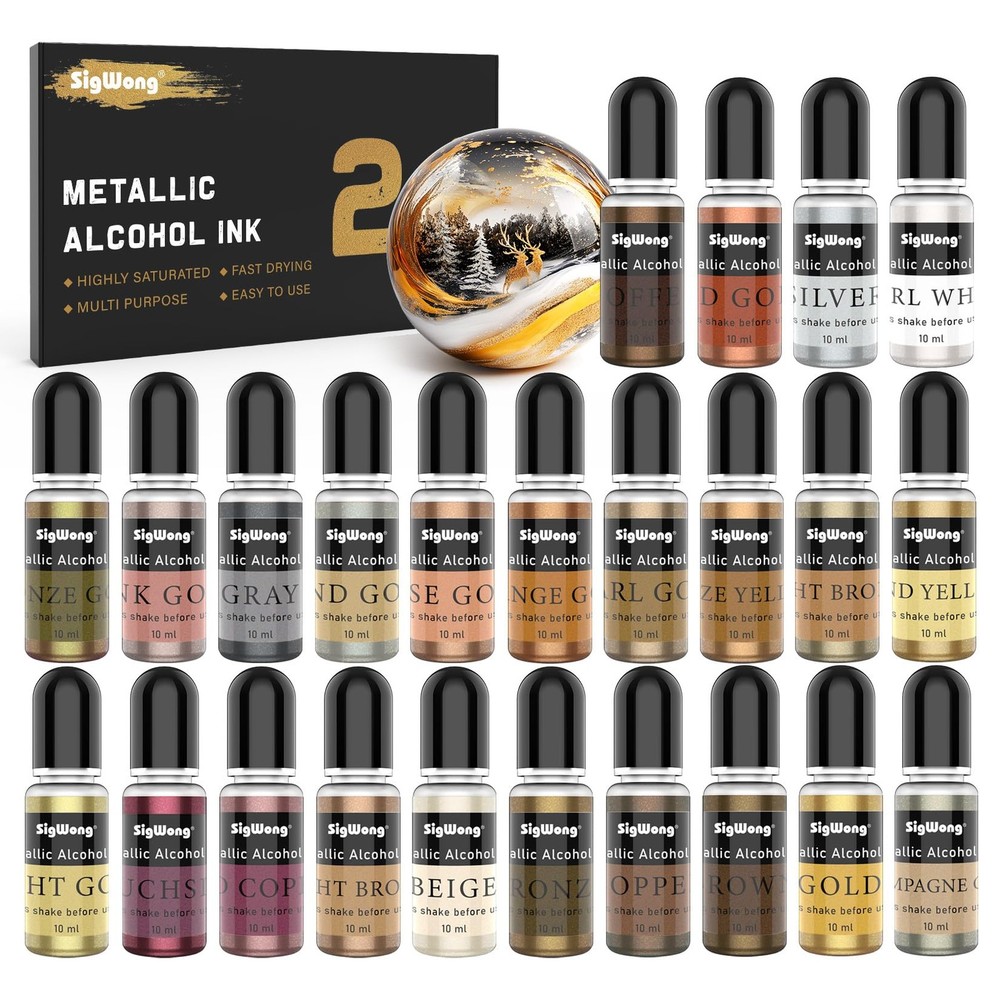 SigWong Metallic Alcohol Ink Set – 24 Colors, 10ml Each, Shimmer Mixatives…