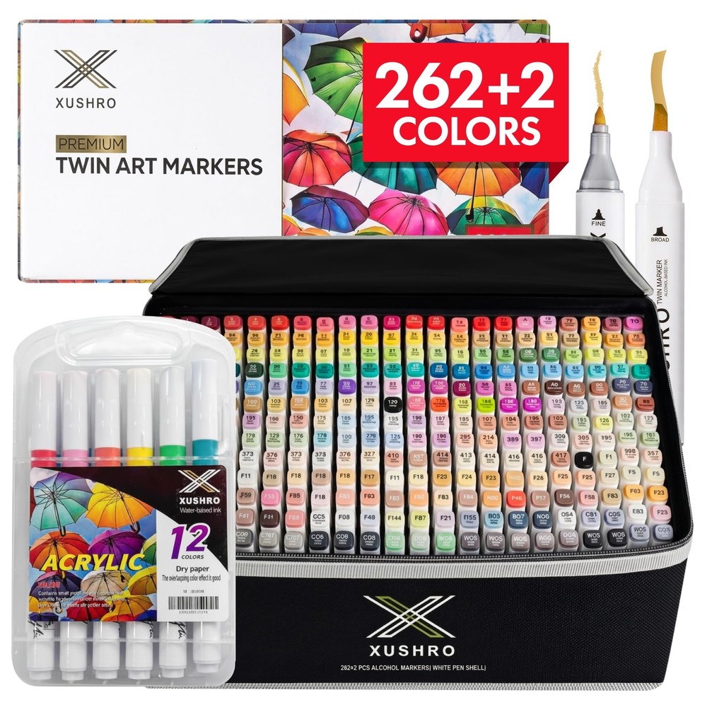 Xushro Dual Tip Alcohol Markers Set 2622 Tips Kit 12 Extra Acrylic Paint