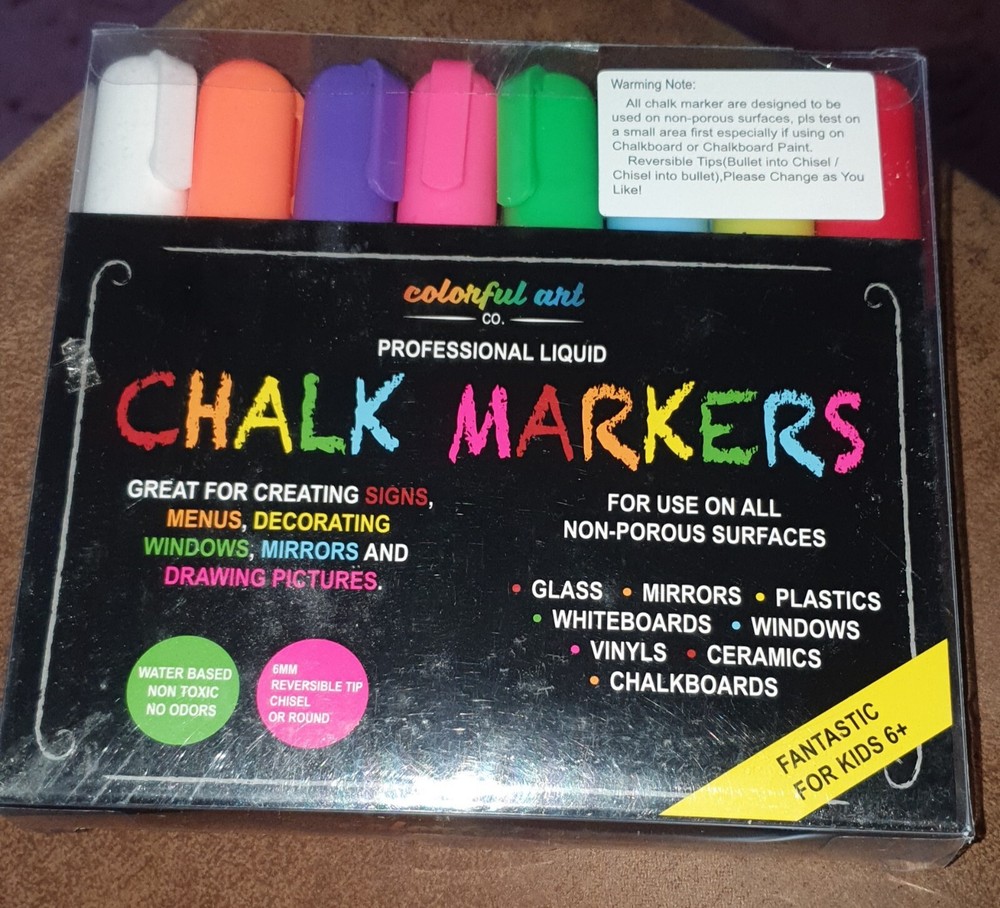 NEW – OTHER! 8 x PROFESSIONAL, LIQUID, MULTI-COLOURED CHALK MARKERS ~ AGE 6+