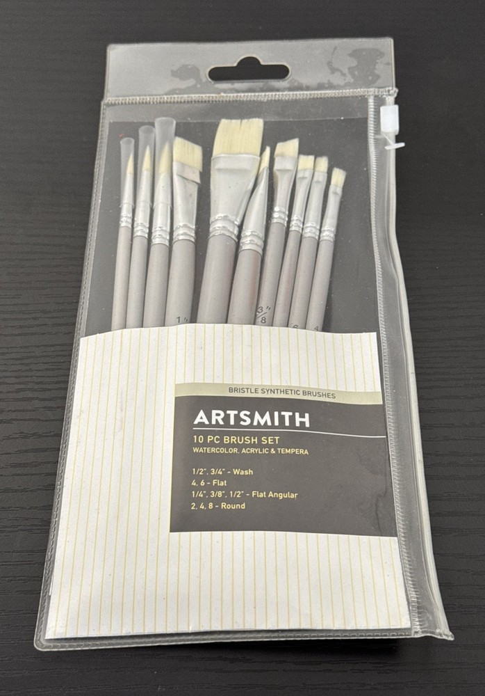 Artsmith Bristle Synthetic 10pc Brush Set Watercolor Acrylic Or Tempera New