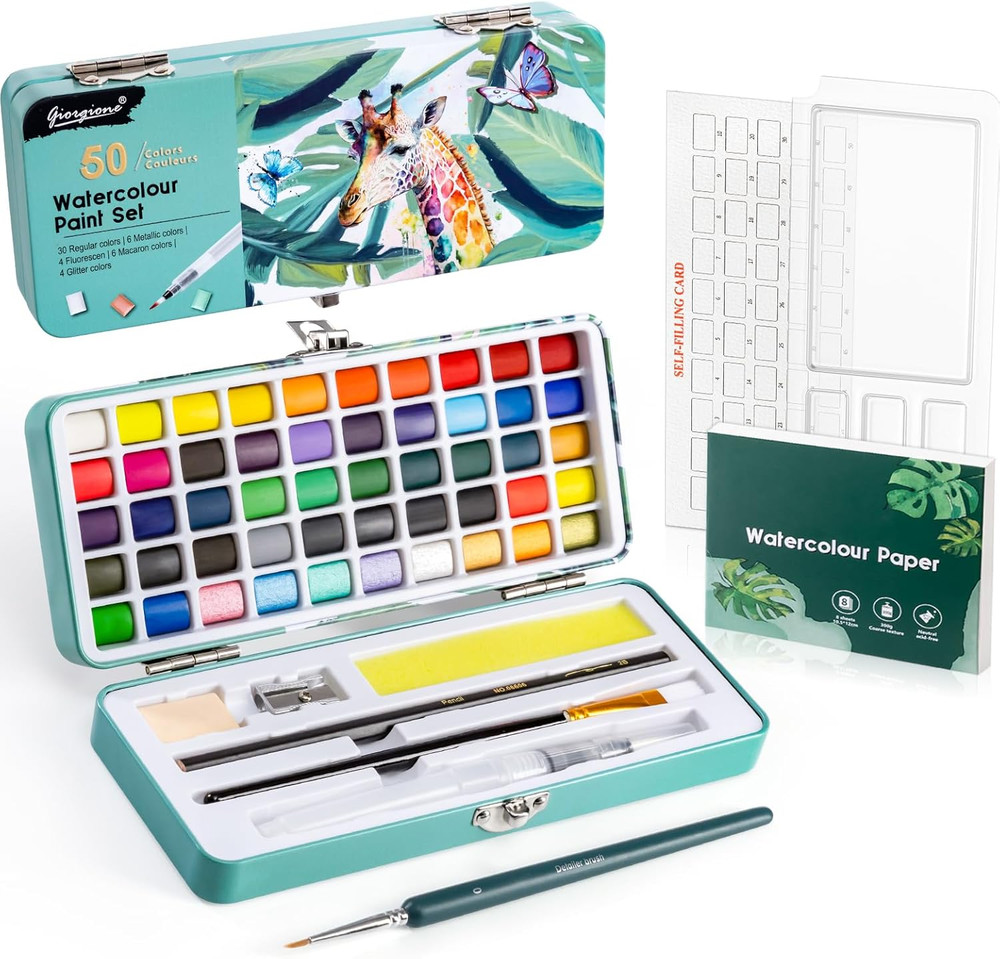 Prudiut 50 Colors Watercolor Paint Set, With Watercolor Paper, Palette, Brushes,