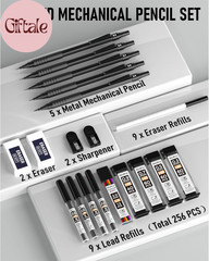 Black Art Mechanical Pencil Set, 5PCS Metal Drafting Pencils 0.3, 0.5, 0.7, 0.9