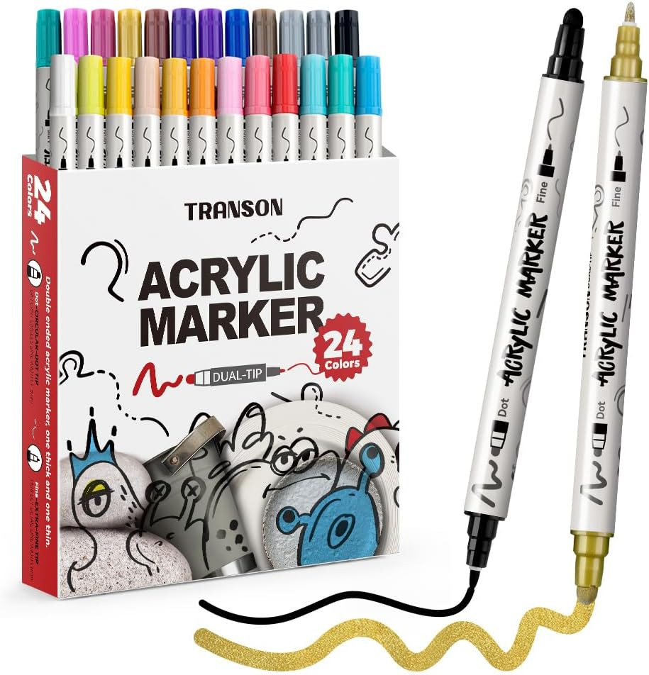 24 Color Bold and Fine Dual-Tip Acrylic Paint Pen Set for Canvas Rock Wood Leath