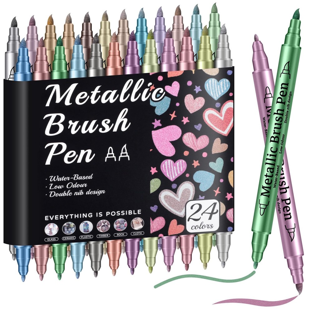 24 Pack Metallic Markers Set, Dual Tip Paint Pens for Crafts, Acrylic Markers…