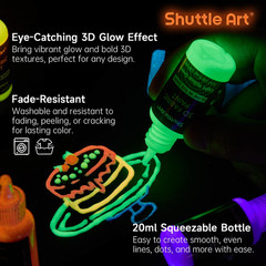 Glow in the Dark Paint, 26 Colors 3D Fabric Paint with 1 Mini UV Light 3 Brushes