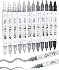 12 Grey Dual Tip Acrylic Paint Markers, Brush Tip & Chisel Tip Acrylic Paint Pen