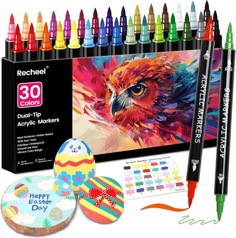 30 Colors Acrylic Paint Markers, Dual Tip Fine and Brush Tips Detailed Art New