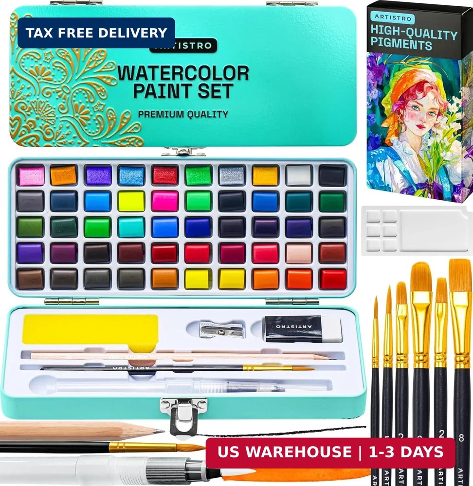 ARTISTRO 50 Color Watercolor Paint Set – Portable Paint Art Kit with Palette and