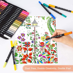 Dual Tip Art Markers 60 Pc Brush & Fineliner Pen Set Coloring Drawing Journal