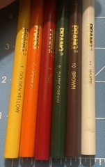 6 Prang Colored Pencils Thick Core Yellow, Orange, Red, Brown, Dark Green& White