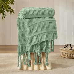 Boho Knitted Chenille Blanket with Tassels – Lightweight & Throw Sage Green