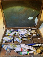 Vtg Grumbacher Wooden Painters Case Dovetail Box Paints Lot Palette Paper